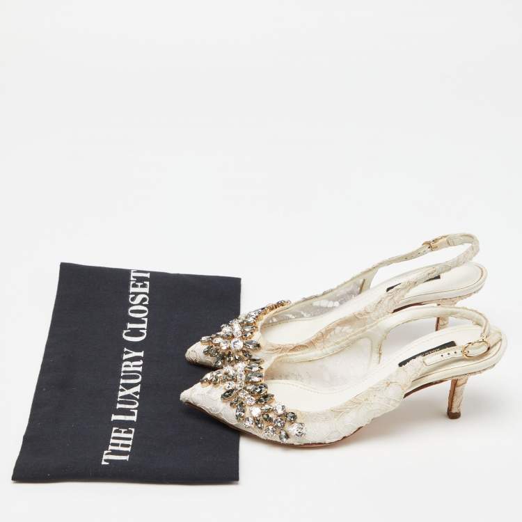 Pre Owned Dolce & Gabbana White Lace Crystal Embellished Slingback Sandals Size 36