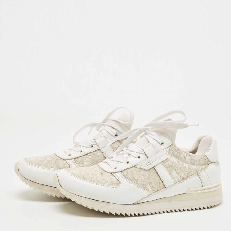 Pre Owned Dolce & Gabbana White Leather and Lace Low Top Sneakers Size 39