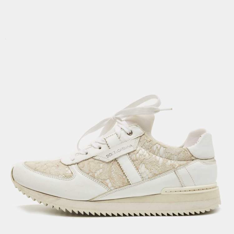 Pre Owned Dolce & Gabbana White Leather and Lace Low Top Sneakers Size 39