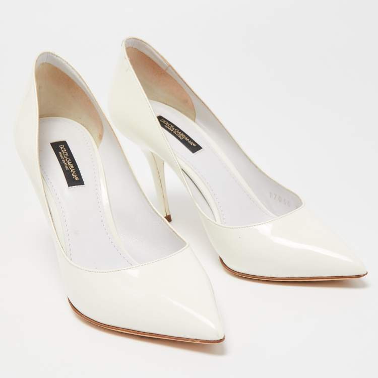 Pre Owned Dolce and Gabbana White Patent Leather Pointed Toe Pumps Size 36.5