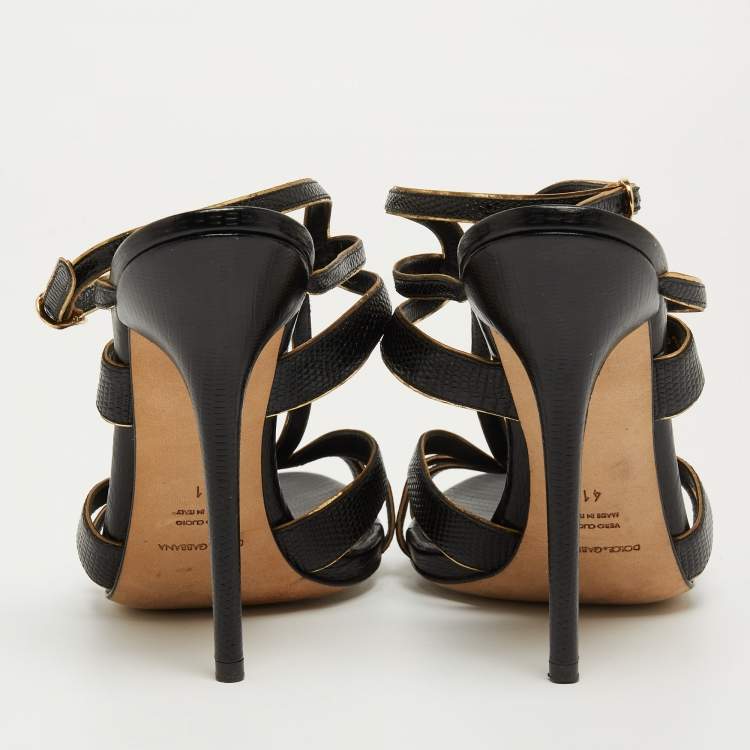 Pre Owned Dolce & Gabbana Black Lizard Embossed Leather T Strap Sandals Size 41 