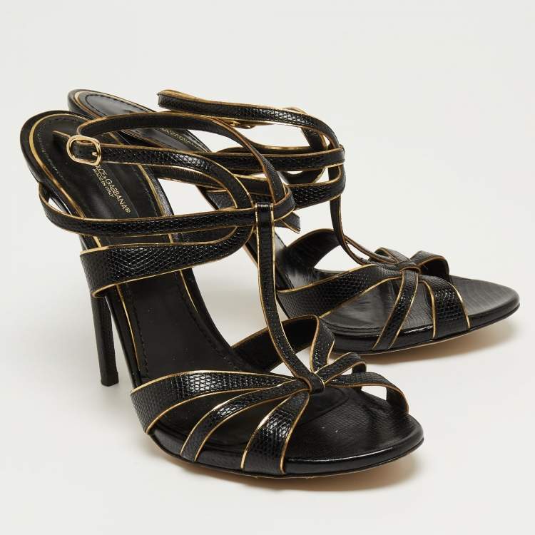 Pre Owned Dolce & Gabbana Black Lizard Embossed Leather T Strap Sandals Size 41 