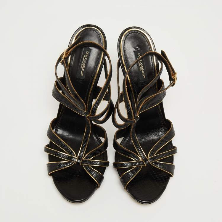 Pre Owned Dolce & Gabbana Black Lizard Embossed Leather T Strap Sandals Size 41 