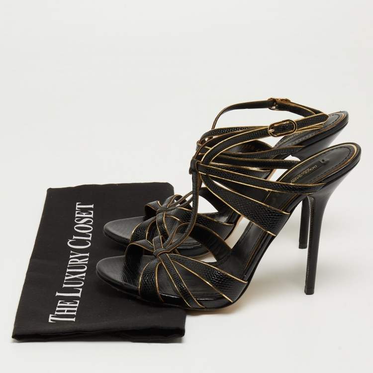 Pre Owned Dolce & Gabbana Black Lizard Embossed Leather T Strap Sandals Size 41 