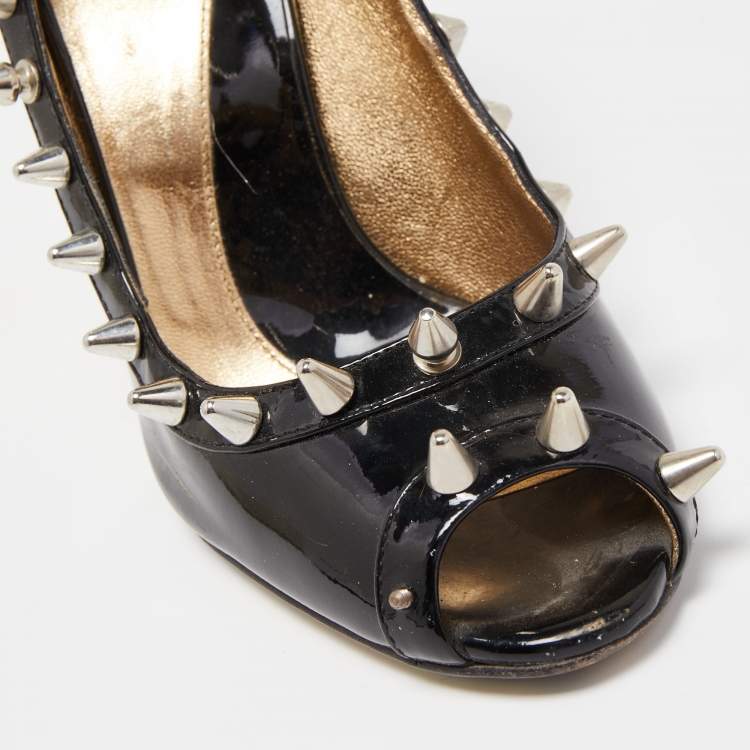 Pre Owned Dolce & Gabbana Black Patent Studded Peep Toe Pumps Size 38