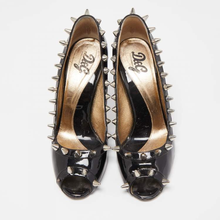 Pre Owned Dolce & Gabbana Black Patent Studded Peep Toe Pumps Size 38