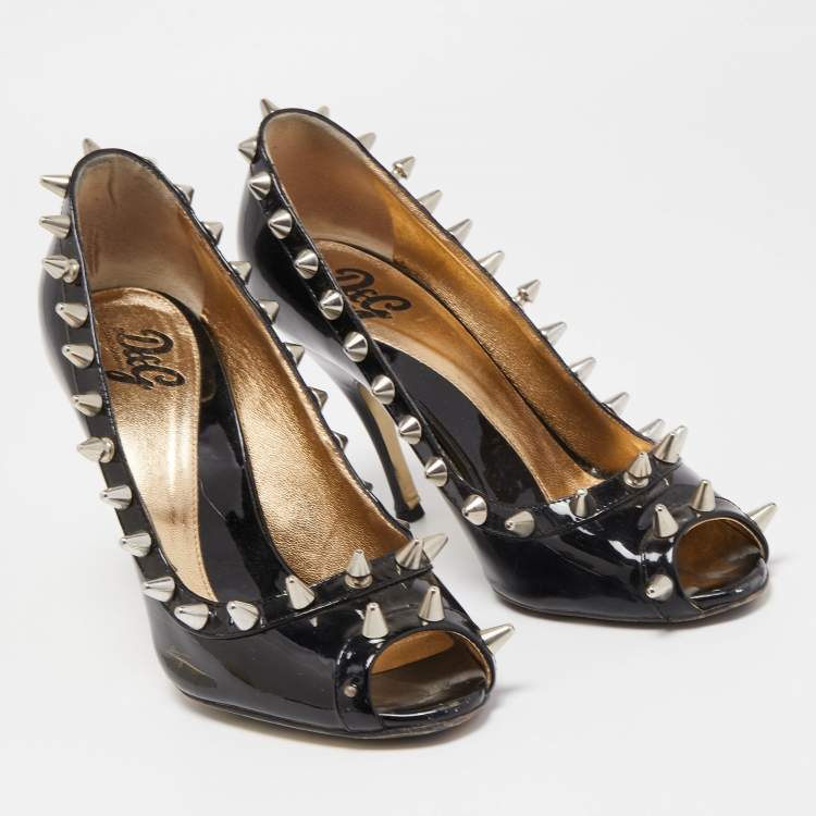 Pre Owned Dolce & Gabbana Black Patent Studded Peep Toe Pumps Size 38