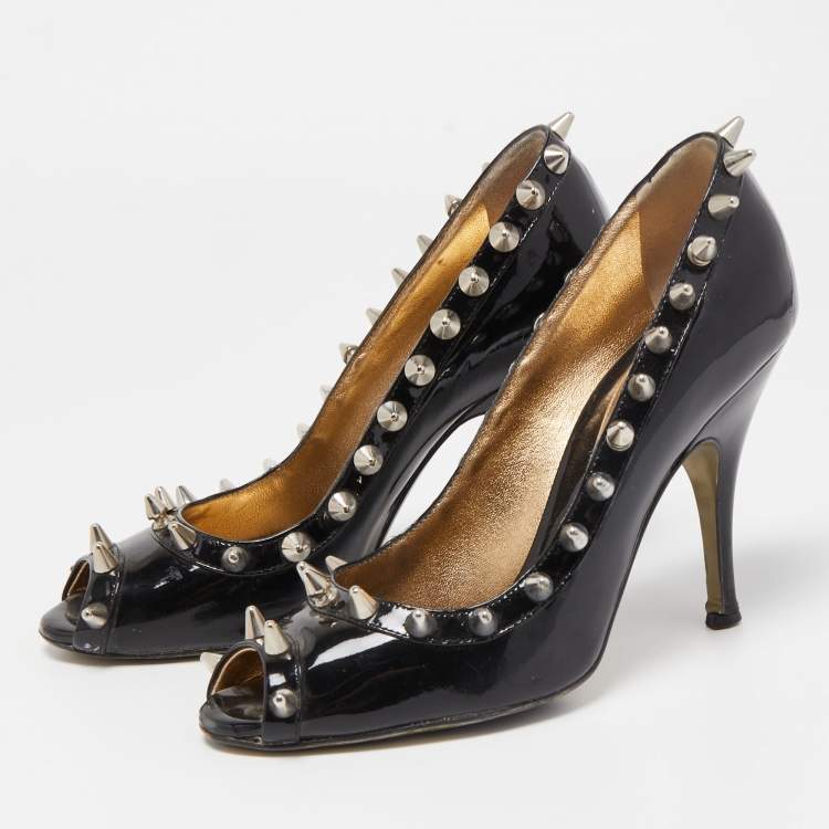 Pre Owned Dolce & Gabbana Black Patent Studded Peep Toe Pumps Size 38