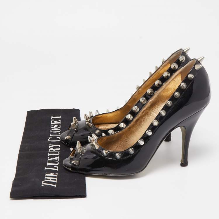 Pre Owned Dolce & Gabbana Black Patent Studded Peep Toe Pumps Size 38