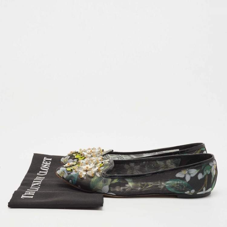Pre Owned Dolce & Gabbana Black/Green Printed Mesh Embellished Ballet Flats Size 41