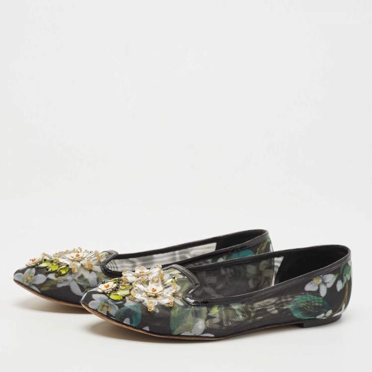 Pre Owned Dolce & Gabbana Black/Green Printed Mesh Embellished Ballet Flats Size 41