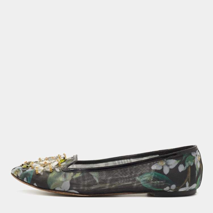 Pre Owned Dolce & Gabbana Black/Green Printed Mesh Embellished Ballet Flats Size 41