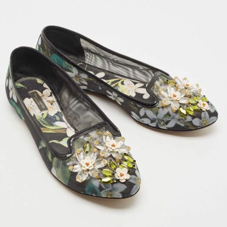 Pre Owned Dolce & Gabbana Black/Green Printed Mesh Embellished Ballet Flats Size 41