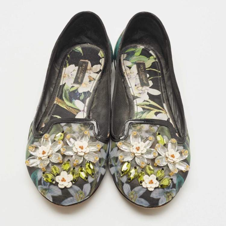 Pre Owned Dolce & Gabbana Black/Green Printed Mesh Embellished Ballet Flats Size 41