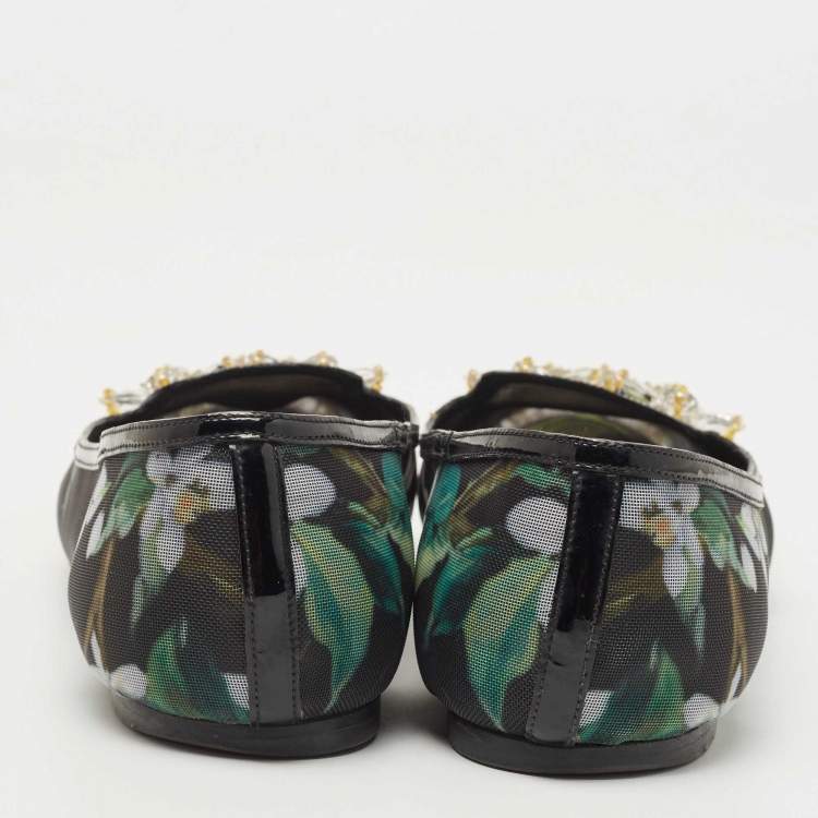 Pre Owned Dolce & Gabbana Black/Green Printed Mesh Embellished Ballet Flats Size 41