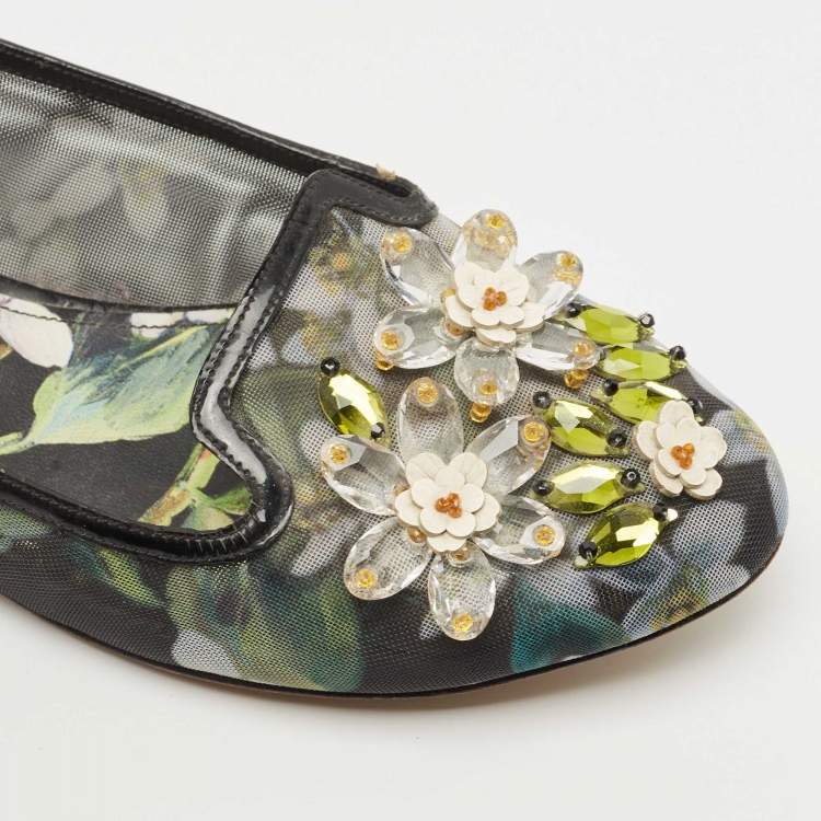 Pre Owned Dolce & Gabbana Black/Green Printed Mesh Embellished Ballet Flats Size 41