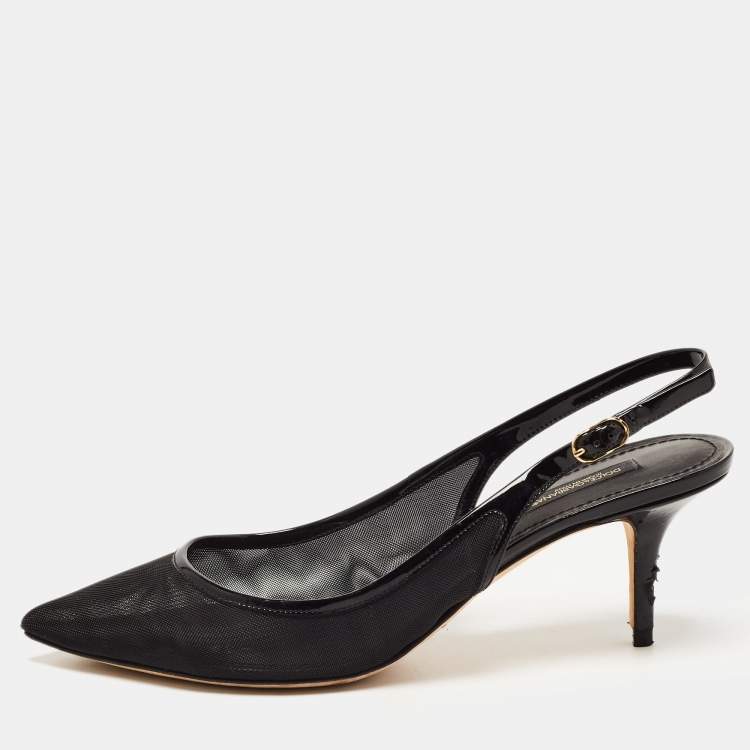 Pre Owned Dolce & Gabbana Black Mesh And Patent Leather Slingback Pumps Size 39.5