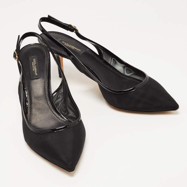 Pre Owned Dolce & Gabbana Black Mesh And Patent Leather Slingback Pumps Size 39.5