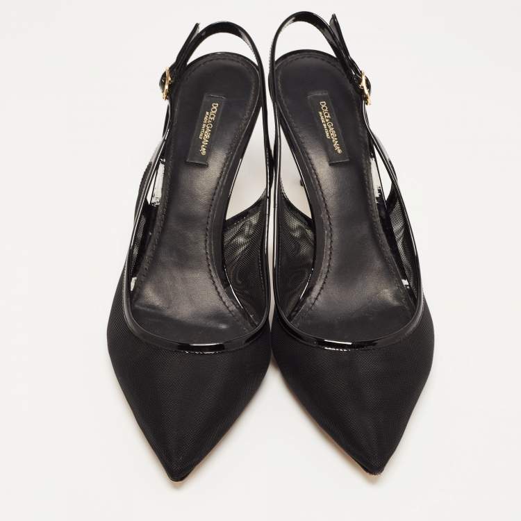 Pre Owned Dolce & Gabbana Black Mesh And Patent Leather Slingback Pumps Size 39.5