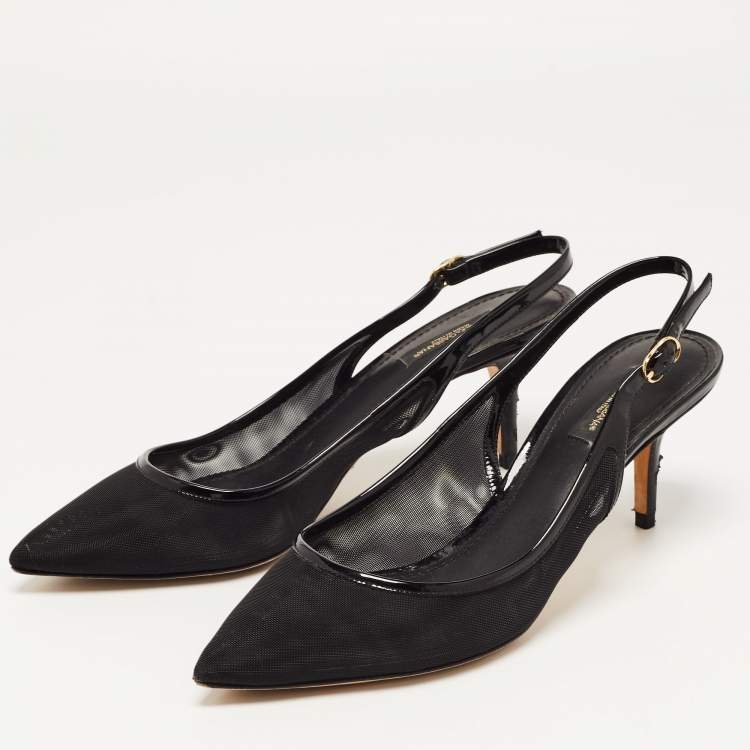 Pre Owned Dolce & Gabbana Black Mesh And Patent Leather Slingback Pumps Size 39.5
