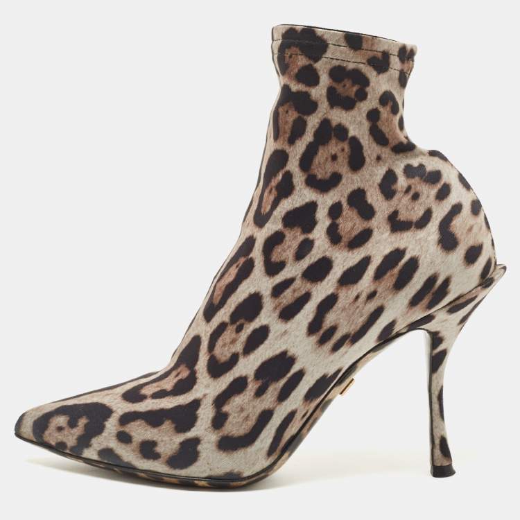 Pre Owned Dolce & Gabbana Tricolor Leopard Print Stretch Fabric Ankle Booties Size 37