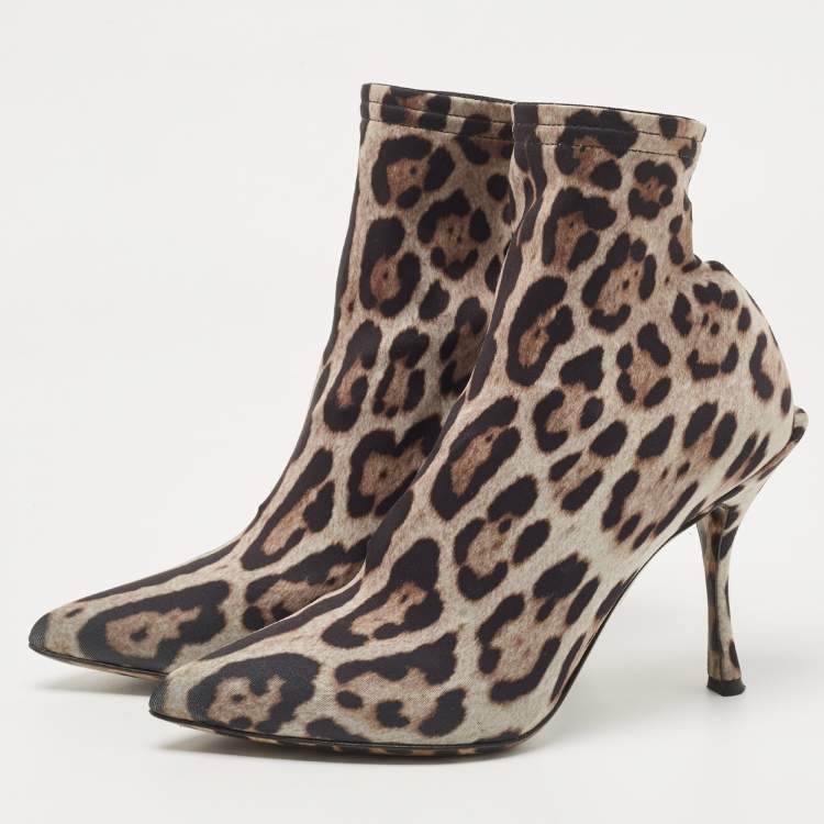 Pre Owned Dolce & Gabbana Tricolor Leopard Print Stretch Fabric Ankle Booties Size 37