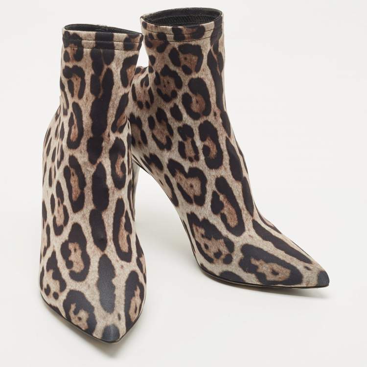 Pre Owned Dolce & Gabbana Tricolor Leopard Print Stretch Fabric Ankle Booties Size 37