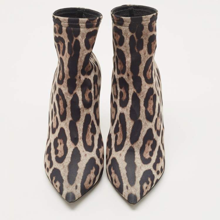 Pre Owned Dolce & Gabbana Tricolor Leopard Print Stretch Fabric Ankle Booties Size 37
