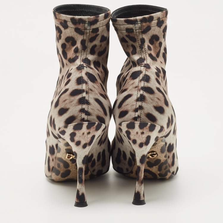 Pre Owned Dolce & Gabbana Tricolor Leopard Print Stretch Fabric Ankle Booties Size 37
