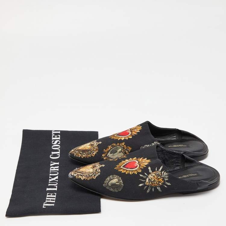 Pre Owned Dolce & Gabbana Black Printed Fabric Slide Mules Size 38.5