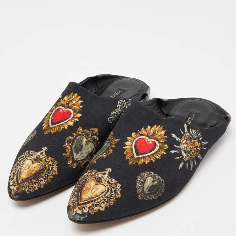 Pre Owned Dolce & Gabbana Black Printed Fabric Slide Mules Size 38.5