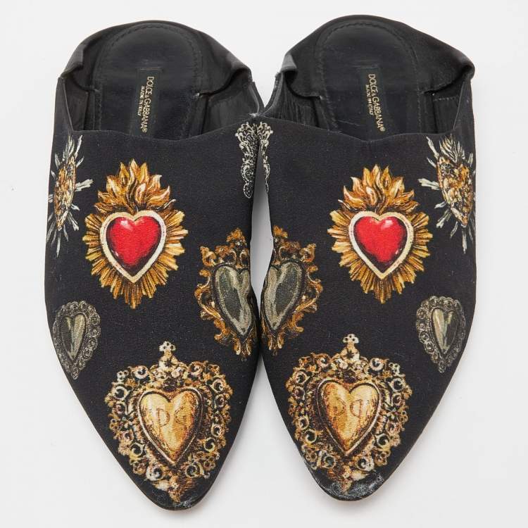 Pre Owned Dolce & Gabbana Black Printed Fabric Slide Mules Size 38.5