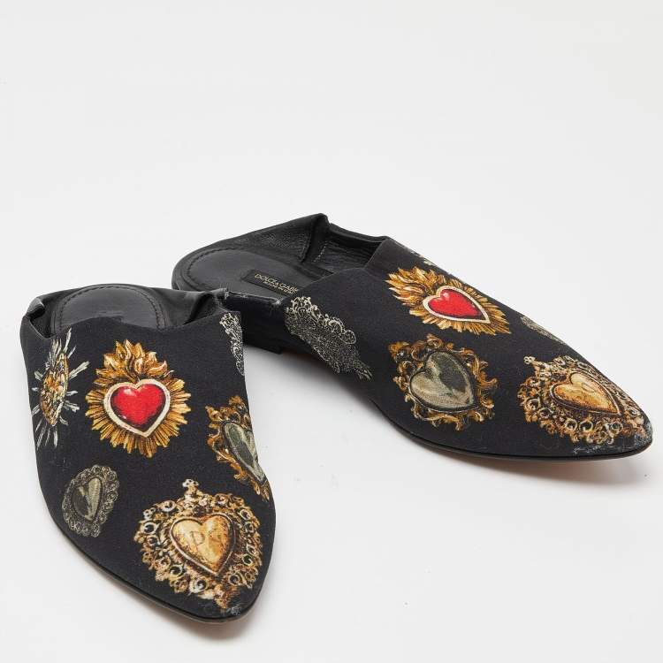 Pre Owned Dolce & Gabbana Black Printed Fabric Slide Mules Size 38.5
