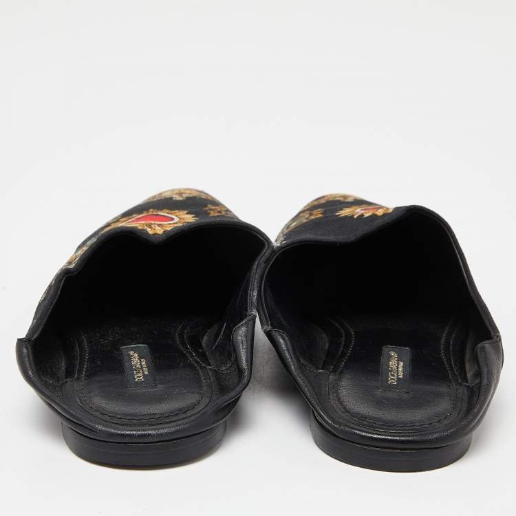 Pre Owned Dolce & Gabbana Black Printed Fabric Slide Mules Size 38.5