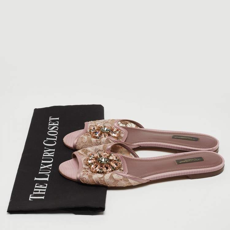 Pre Owned Dolce & Gabbana Purple Lace and Satin Bianca Crystal Embellished Flat Slides Size 39