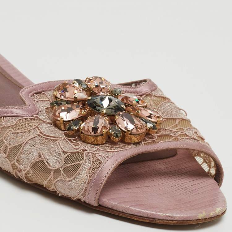 Pre Owned Dolce & Gabbana Purple Lace and Satin Bianca Crystal Embellished Flat Slides Size 39