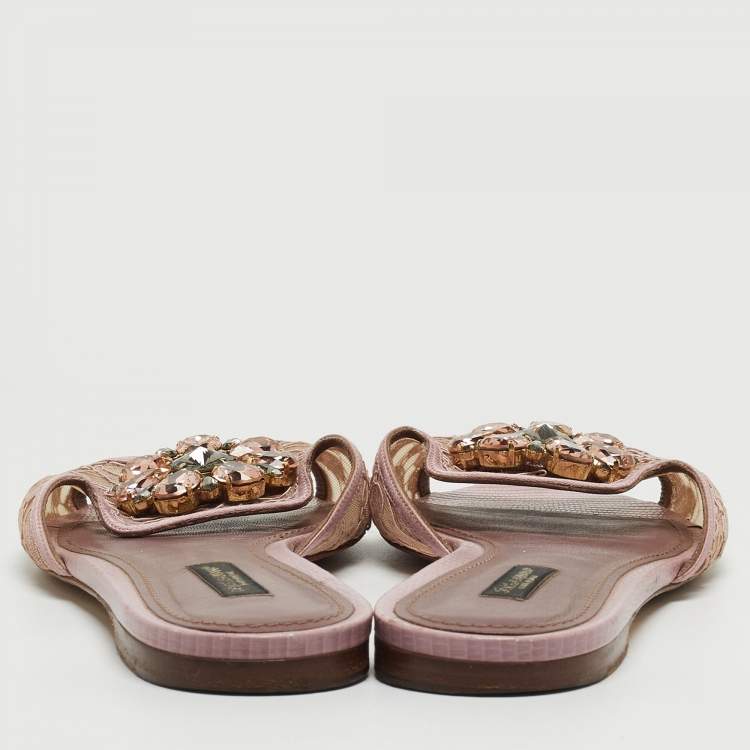 Pre Owned Dolce & Gabbana Purple Lace and Satin Bianca Crystal Embellished Flat Slides Size 39