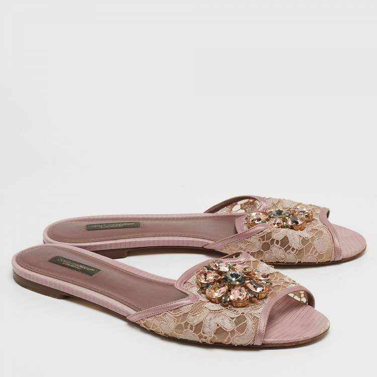 Pre Owned Dolce & Gabbana Purple Lace and Satin Bianca Crystal Embellished Flat Slides Size 39