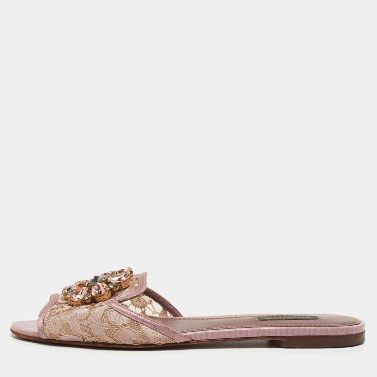 Pre Owned Dolce & Gabbana Purple Lace and Satin Bianca Crystal Embellished Flat Slides Size 39