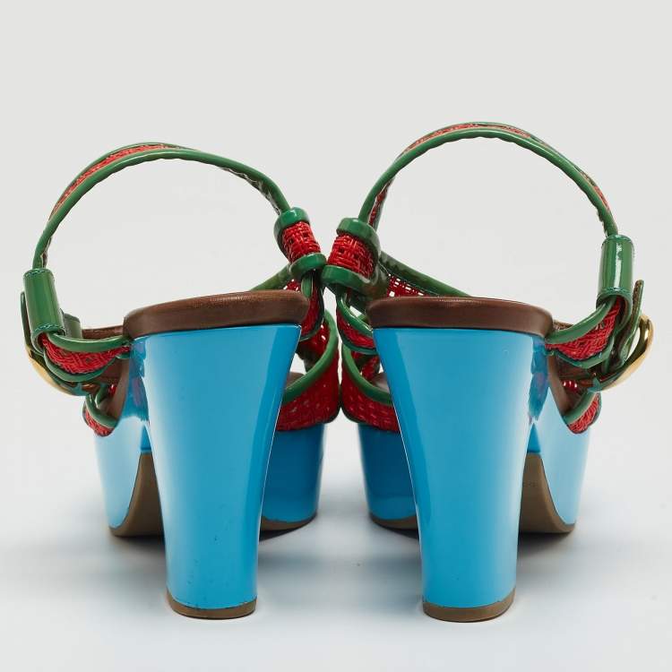 Pre Owned Dolce & Gabbana Green/Red Patent Leather Cross Strap Platform Ankle Strap Sandals Size 38