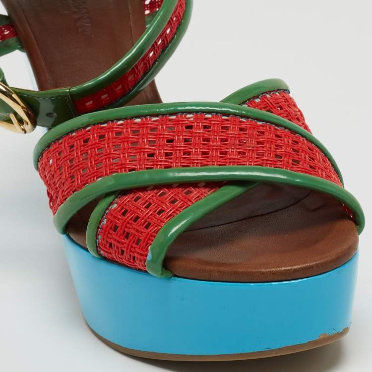 Pre Owned Dolce & Gabbana Green/Red Patent Leather Cross Strap Platform Ankle Strap Sandals Size 38