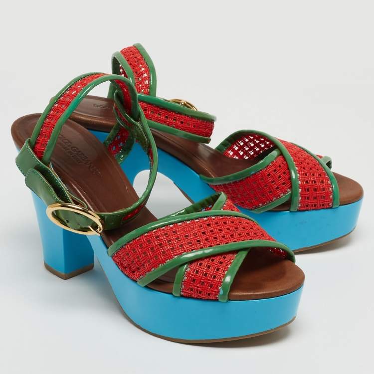 Pre Owned Dolce & Gabbana Green/Red Patent Leather Cross Strap Platform Ankle Strap Sandals Size 38