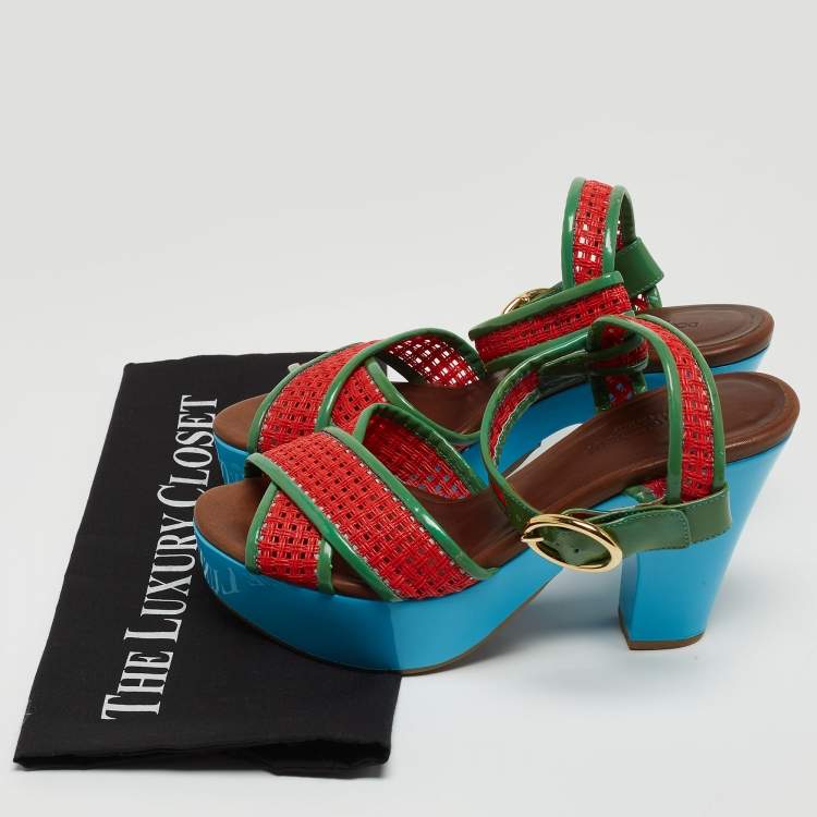 Pre Owned Dolce & Gabbana Green/Red Patent Leather Cross Strap Platform Ankle Strap Sandals Size 38