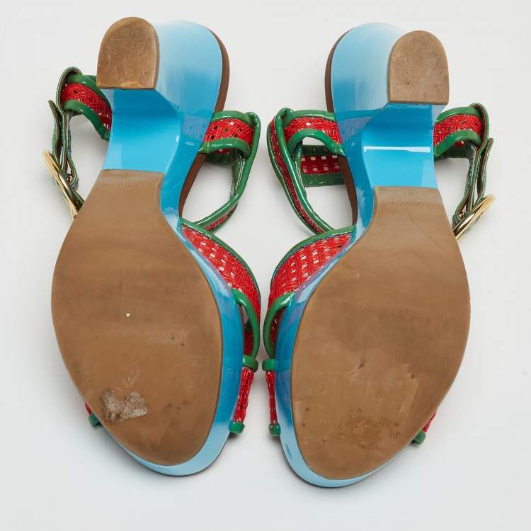 Pre Owned Dolce & Gabbana Green/Red Patent Leather Cross Strap Platform Ankle Strap Sandals Size 38