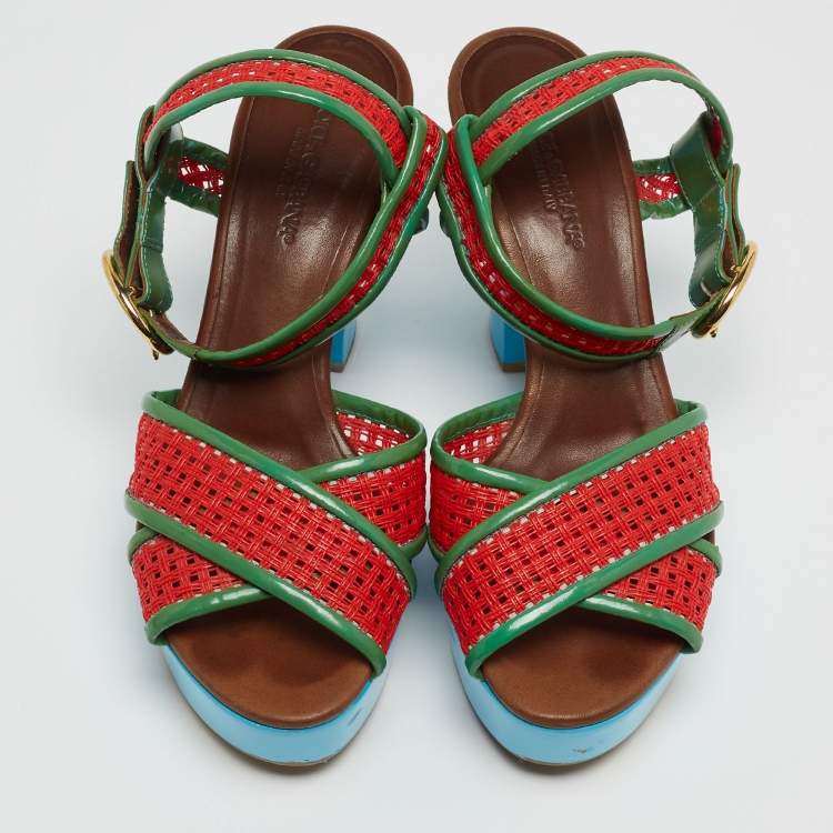 Pre Owned Dolce & Gabbana Green/Red Patent Leather Cross Strap Platform Ankle Strap Sandals Size 38