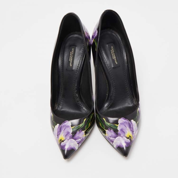 Pre Owned Dolce & Gabbana Black/Purple Floral Print Leather Pointed Toe Pumps Size 38
