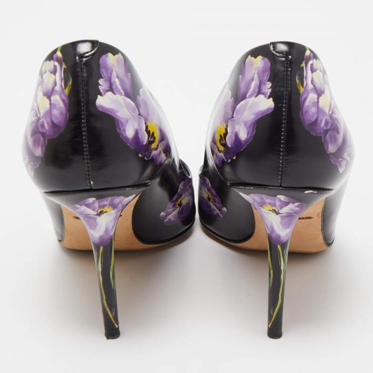 Pre Owned Dolce & Gabbana Black/Purple Floral Print Leather Pointed Toe Pumps Size 38