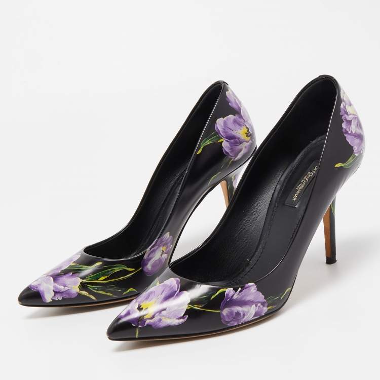 Pre Owned Dolce & Gabbana Black/Purple Floral Print Leather Pointed Toe Pumps Size 38