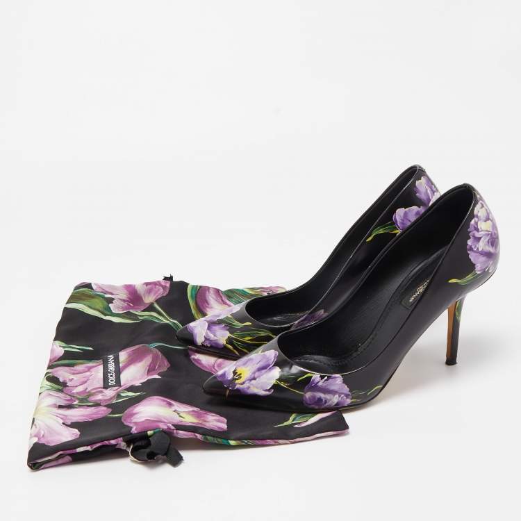 Pre Owned Dolce & Gabbana Black/Purple Floral Print Leather Pointed Toe Pumps Size 38