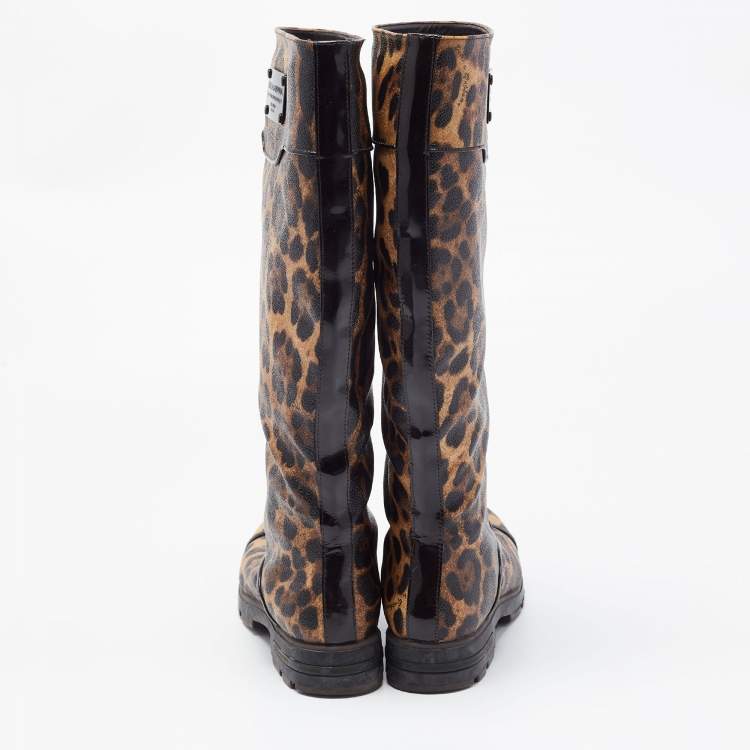 Pre Owned Dolce & Gabbana Brown Coated Canvas Leopard Print Knee Length Boots Size 36